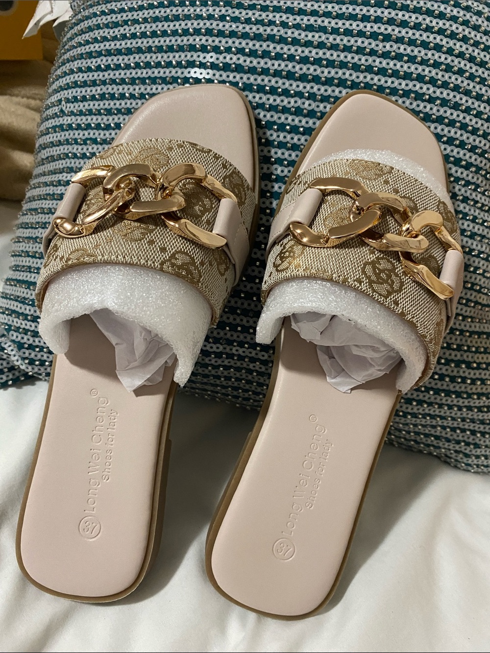 Chain-Accent Pink Slide Mules